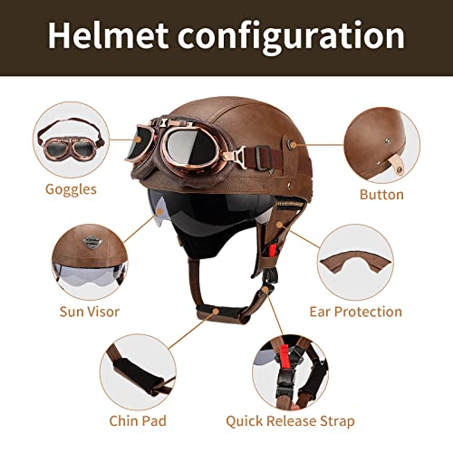 German Style Leather Motorcycle Half Helmet for Adults Men Women, DOT Approved Vintage Cap Half Face Shell Motorcycle Helmets for Cruiser Chopper+Goggles(Brown,X-Large) by Lutcaut - Used condition - Image 3