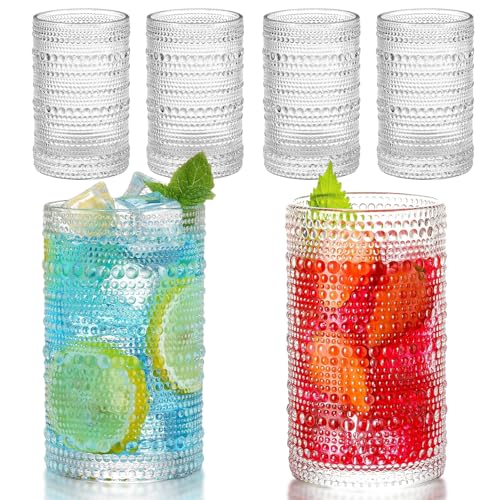 FayuuGem Highball Drinking Glasses, 15 Oz Vintage Style Hobnail Glass Drinking Glasses