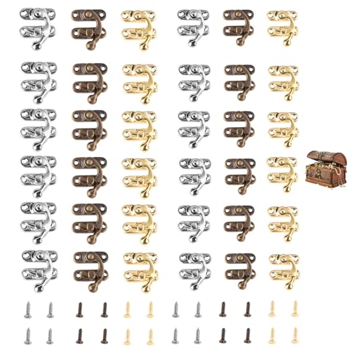 30 Pièces Verrou Vintage Loquet Crochet Fermoirs à Coffre, Antique Crochets de Fermeture Vintage, Mini Serrure à Bras Pivotant Avec 120 Vis pour la Décoration de...