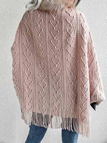 Makemechic Women's Textured Knit Fuzzy Trim Fringe Hem Open Front Cape Cardigan Light Pink One-Size #TOP1