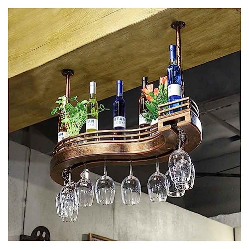LIULIFEN Estante para Vino Colgante con Soporte para Vidrio, Estante para Vino montado en el Techo, Soporte para Botella de Vino Colgante de Estilo Vintage Ajustable, estantes para Copas de