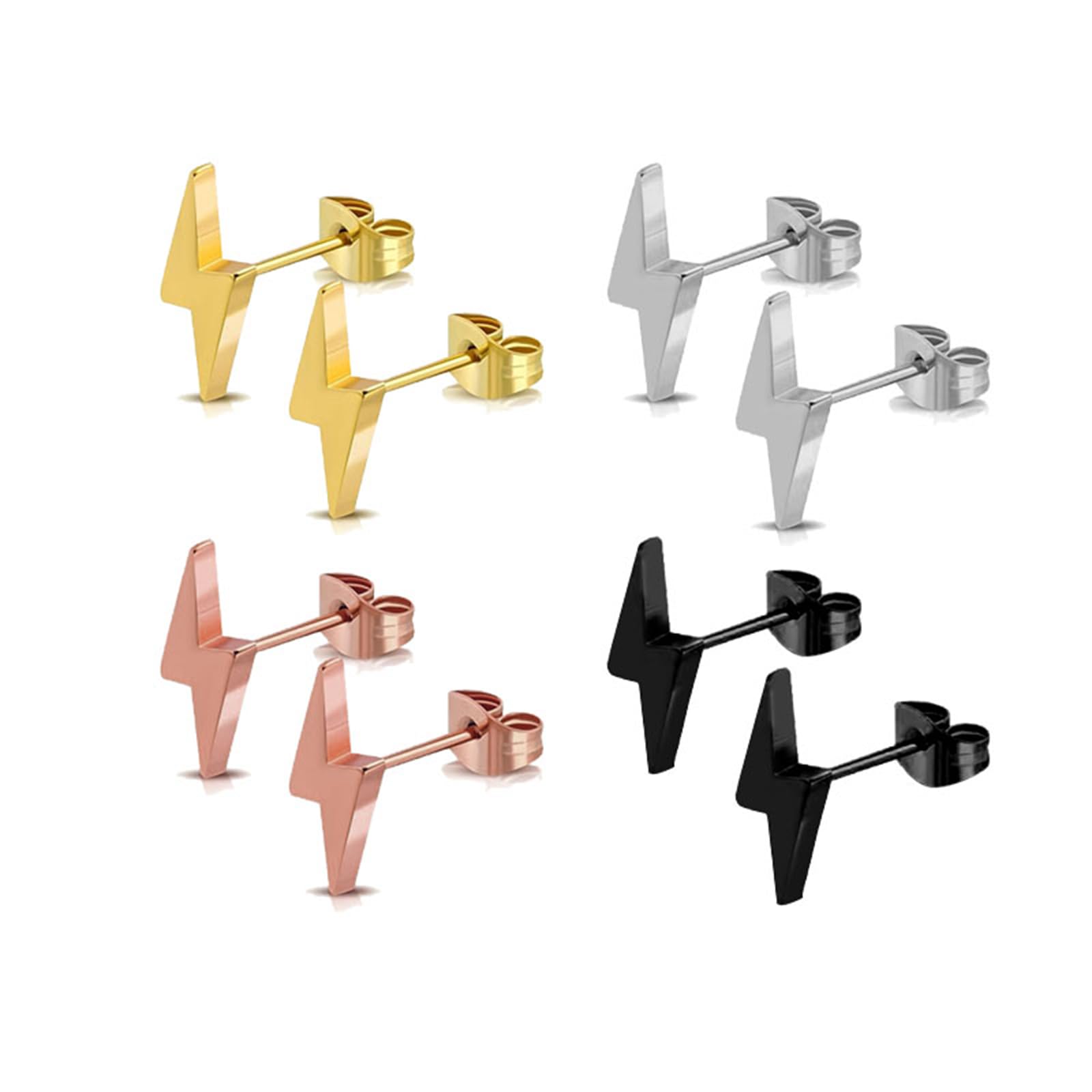 Dreuyet 4 Pairs Stainless Steel Lightning Stud Post Earrings for Women Men Tiny Bolt Lighting Flash Thunder Button Studs Earrings Punk Cool Party
