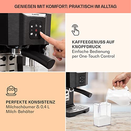 Klarstein 1,4 L Siebträgermaschine für 2 Tasse Kaffee, Mini Espressomaschine mit Milchschäumer, 20 Bar Siebträger Kaffeemaschine Klein, Gute Espresso Kaffeemaschine, Edelstahl-Espressomaschinen 1450 W – Bild 4