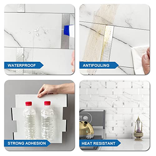 Mofit Matte Kitchen Subway Tile Peel And Stick Backsplash Self-Adhesive Bathroom Wall Tiles Waterproof 3D Metal And Marble Mosaic Panels Heat Resistant Fireplace(White Silver 10Tiles) #TOP5
