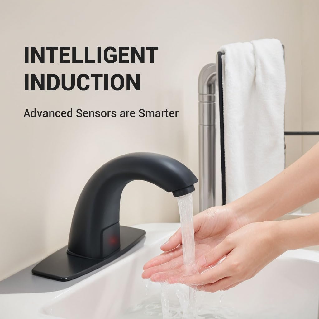 Robinet de salle de bain sans contact avec détecteur de mouvement automatique avec plaque de recouvrement et mélangeur de température, robinet mains libres activé par le mouvement, robinet