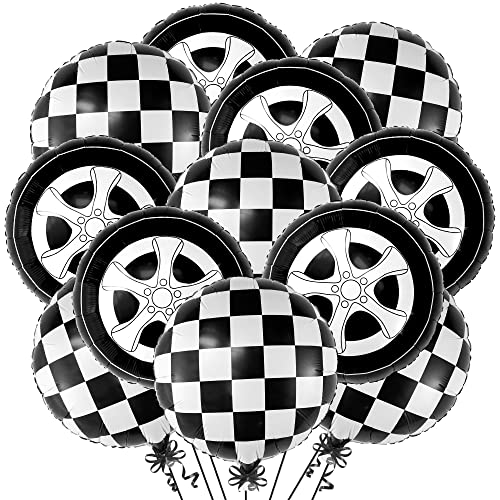 KatchOn Huge Tire Balloons and Checkered Balloons - 18 Inch Pack of 12 | Two Fast Two Curious Birthday Decorations | Tire Balloon Two Fast Birthday Decorations | Race Car Birthday Party Decorations