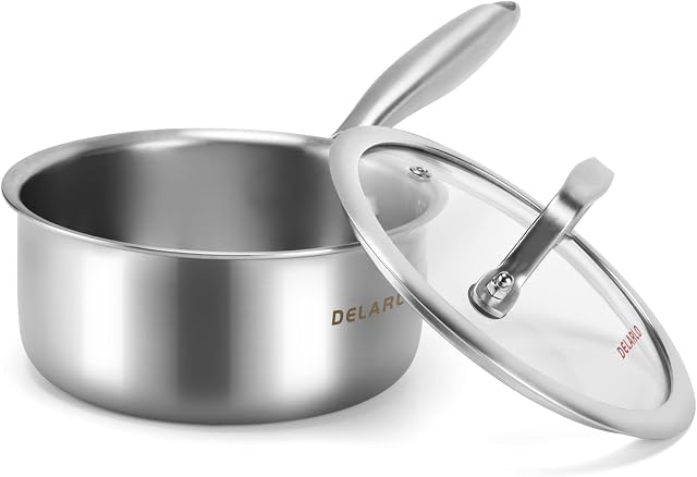 DELARLO Whole Body Tri-Ply Stainless Steel Induction Cooking Small Saucepan with Lid 1.5Litre 16cm,Heavy Bottom Milk pan,Dishwasher Safe & Oven Safe