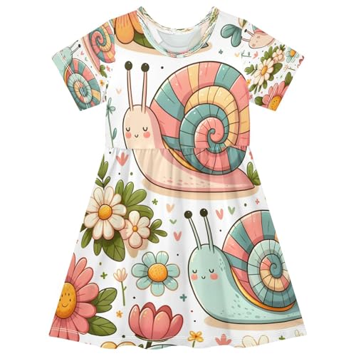 Little Girls Dress Short Sleeve Toddler Summer Sundress 2-8T Colorful Daisy Snail