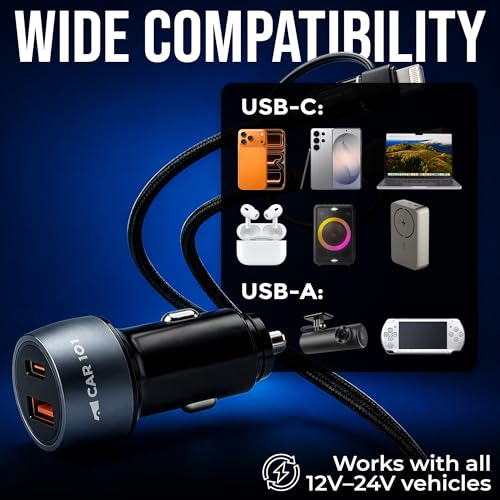 Image of CAR101 65W Turbo Fast Car Charger with 4-in-1 Cable | USB C PD & USB A QC | Dual Port Adapter for Smartphones, Tablets, Laptops | Aluminium Body, LED Light, Smart Protection | 12V-24V