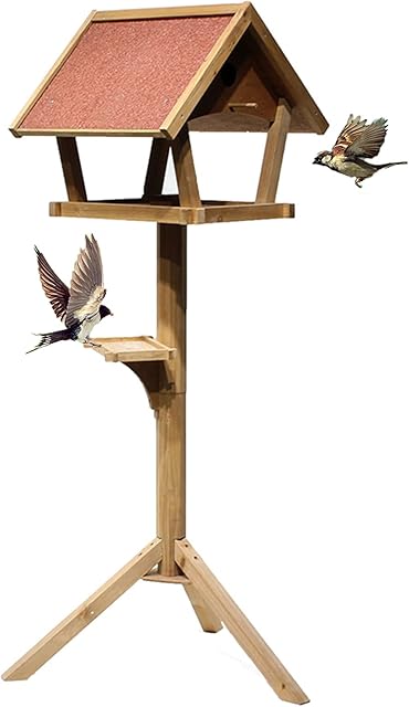 Bird House Table for Garden Wooden Birds Feeder Feeding Station Free Standing Feeding Table Station Bird Home Birdhouse with Asphalt Roof And Tripod Base