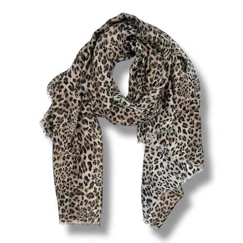 Ziona Damen Leo Print Schal Tuch Halstuch Leopardenmuster 178x87 cm (Beige-Schwarz-Dunkelbraun)