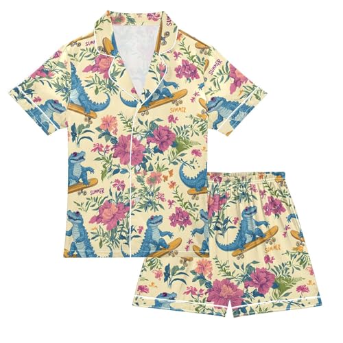 ALAZA Crocodile Floral Blossom Satin Pajamas Set Short Sleeve Button Down Sleepwear Summer Pjs 2 Piece