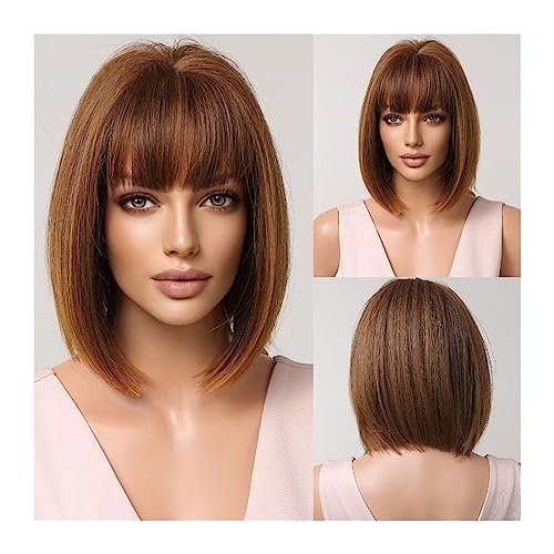 Perruque synthétique droite courte avec frange pour femme | Carré bob châtain clair doré résistant