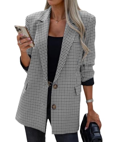ebossy Damen Casual Oversized Blazer Anzug Revers Knopf Plaid Arbeit Büro Jacke Wolle Erbsenmantel, GRAU, XL