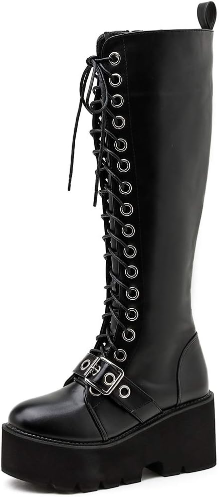 Parisuit Women's Knee High Goth Platform Buckle Boots Chunky High Heel Lace Up Punk Combat Boots with Chain - Image 4