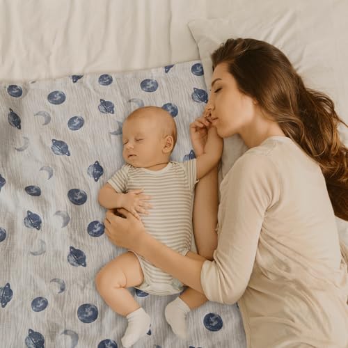Image of GLLQUEN BABY Blankets for Boys, Soft Muslin Cotton Front Dotted Fleece Backing, Nursery Minky Crib Blanket for Infant Toddler, 30 x 40 inches Throw Blanket, Blue Space