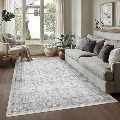 PureCozy 5x7 Grey Area Rug Vintage Washable Living Room Boho Carpet Non Slip Bedroom Indoor Office Low Pile Traditional Distressed Retro Accent Rug for Dining Room Bathroom Office Kitchen Do