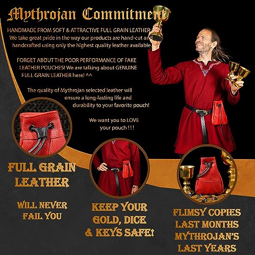 Mythrojan Renaissance Waist Bag – Large Leather Belt Pouch for Coins & Runes – Medieval Fanny Pack 7"x5"4