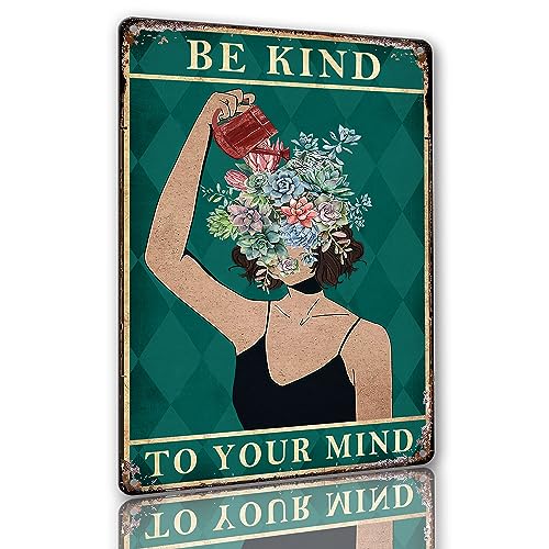 Be Kind To Your Mind Sign Vintage Wall Art Flower Tin Signs Plant Lover Gifts for Women Retro Metal Tin Sign Boho Room Decor Hippie Poster Home Aesthetic Office Decor Be Kind Tin Signs 8x12 Inch