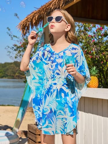 Haloumoning Girls Chiffon Swim Beach Cover Up Kids Cute Elastic Waist Printed Bathing Suit Coverups 5-14 Years2