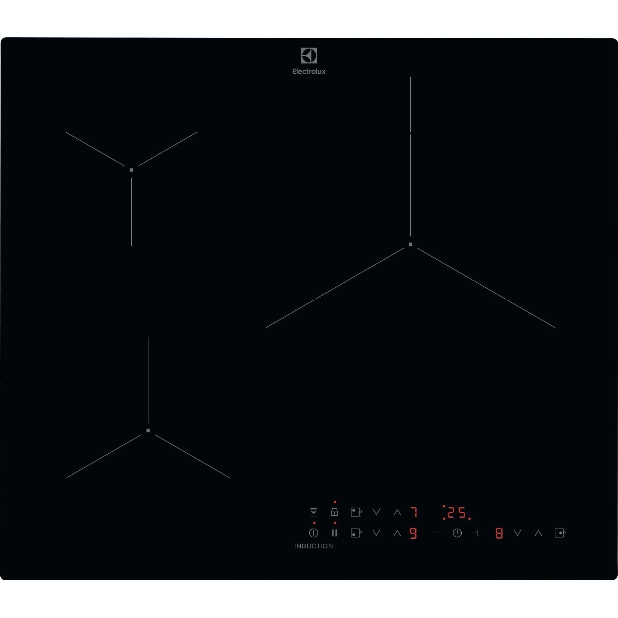 Electrolux EIT61336CB – Placa de Inducción Serie 500, 60 cm, 3 Zonas, Zona Paellera 32 cm, PowerBoost, Controles Individuales con Temporizador, Pausa, Bloqueo Seguridad, Hob2Hood, Sin Marco
