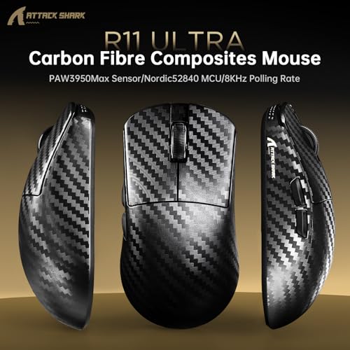 Image of ATTACK SHARK R11Ultra 8K Carbon Fiber Wireless Gaming Mouse-Black Wave+Tape | 42000 DPI-PAW3950 MAX Sensor-49g Lightweight,Nordic 52840 MCU Chip,Wired /BT /2.4Ghz Programmable,RGB Coiled Cable for PC Mac