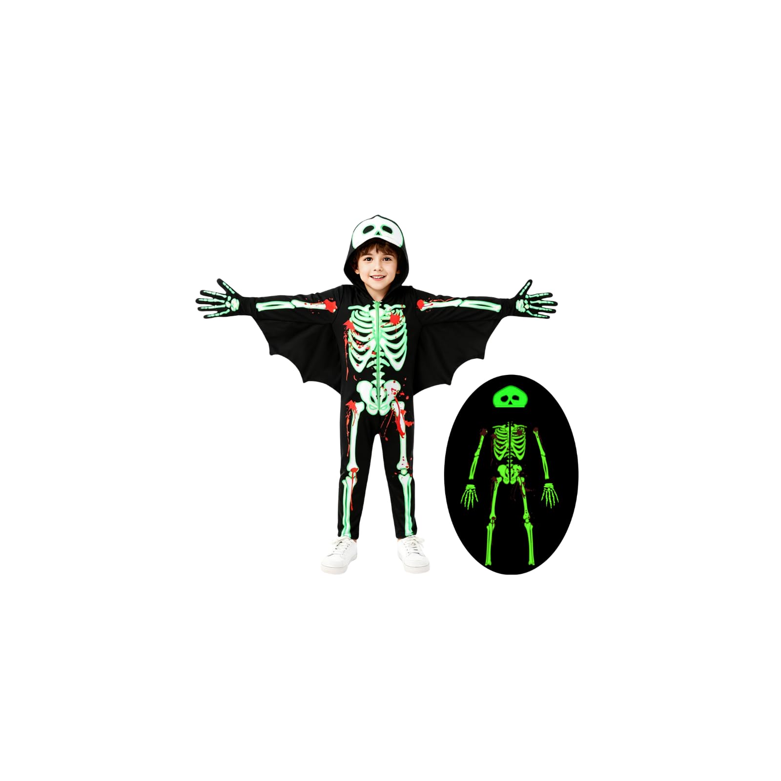 Miyanuby Kids Halloween Skeleton Fancy Dress Toddler Glow in The Dark Luminous Costume Skull Bone Bat Jumpsuit Boys Girls Scary Cosplay Bodysuit with Gloves for 3-10T