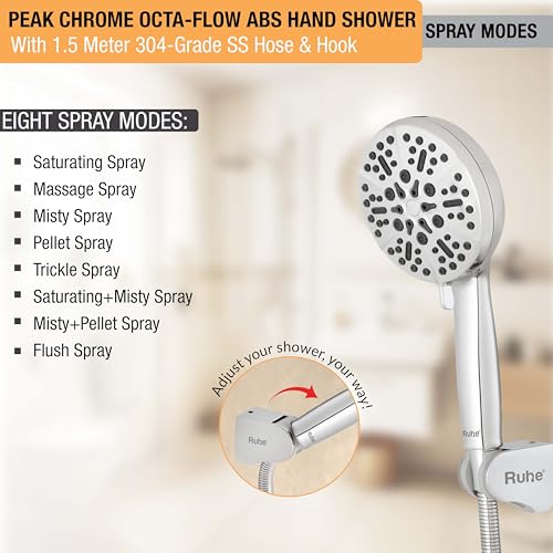 Image of Ruhe Peak Multi-Functional Octa-Flow Modes ABS Hand Shower with 1.5 Meter 304-Grade Stainless Steel Hose & Hook, Chrome Finish