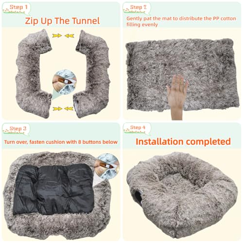 XxingSheep XL Cat Tunnel with Bed for Indoor Cats Peekaboo Cat Cave Donut Toy with Warm Mat,Yellow-Brown