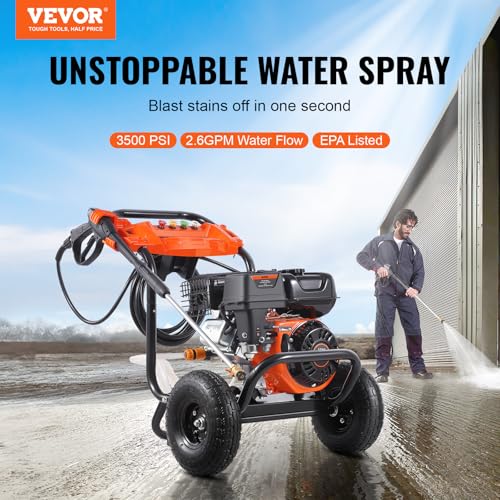 Image of VEVOR Gas Pressure Washer, 3500 PSI 2.6 GPM, Gas Powered Pressure Washer with Aluminum Pump, Spray Gun and Extension Wand, 5 Nozzle Set, for Cars, Fences, Homes, Driveways, Patios Furniture Horizontal