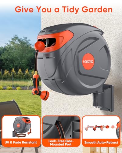 NEO-TEC 100FT Retractable Garden Hose Reel, 1/2" Heavy Duty Wall Mount with Slow Return, Any-Length Lock & 180° Swivel, 3-Layer PVC, 9-Pattern Nozzle & Brass Fittings — view 3