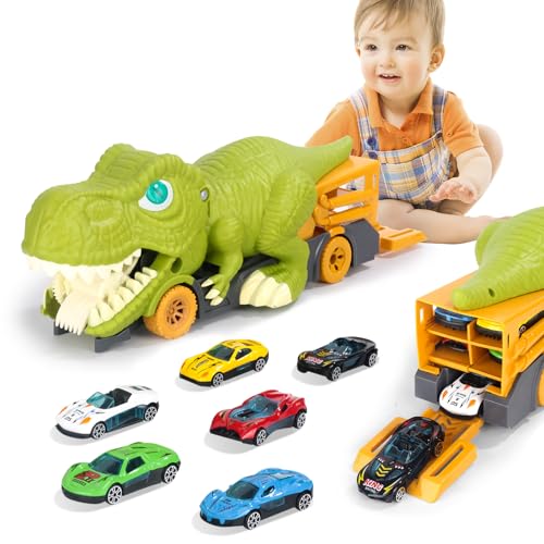 Lidasen Dinosaurier Schluck LKW Spielzeug für Kinder, Monster Tyrannosaurus Rex Transportauto Spielzeug mit 6PCS Mini Auto, Szenenaufbewahrung, Fahrzeuggeschenk für Jungen und Mädchen ab 3 Jahren