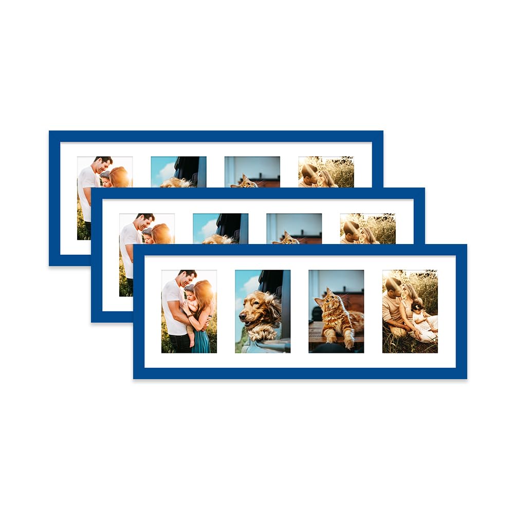 Blue Multi Photo Frame - Holds 4 x 6x4 Pictures, Family Collage Picture Frame for Wall Display, 8x22 Panoramic Frame Size, Set of 3