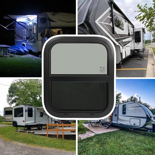 Image of 14 inchW x 16 inchH RV Windows for Cargo Trailer Camper,Tinted Vertical Sliding | Cargo Utility Trailer Window Replacement w /Screen&Trim Ring,Fit 15 /16 inch or 1-3 /8 inch Thick Wall,Allow Error 1 /16,DOT Approved