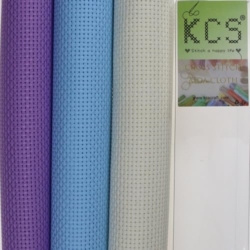 Image of KCS 3 pc of 15 inch x 18 inch(38cmx45cm) Counted Cross Stitch Cotton Aida Cloth Needlework Rolled Fabric Box,11CT,Cream+Light Blue+Lavender