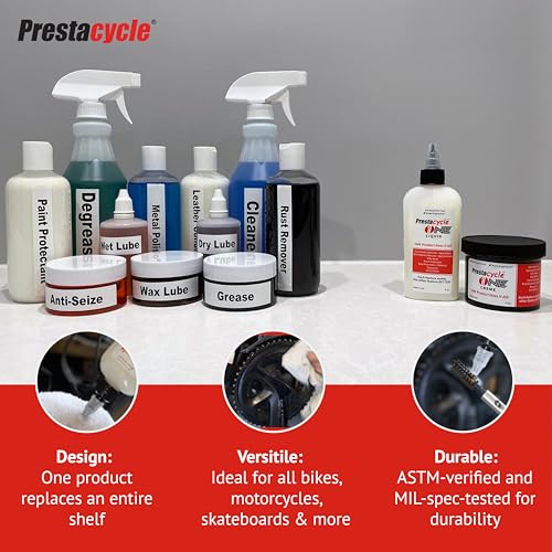Image of Prestacycle One Liquid, Bike Chain Lubricant and Cleaner, All-in-One Bicycle Lube, Degreaser, Paint Protectant, Metal Polish & Rust Remover, Without Alcohol or Petroleum