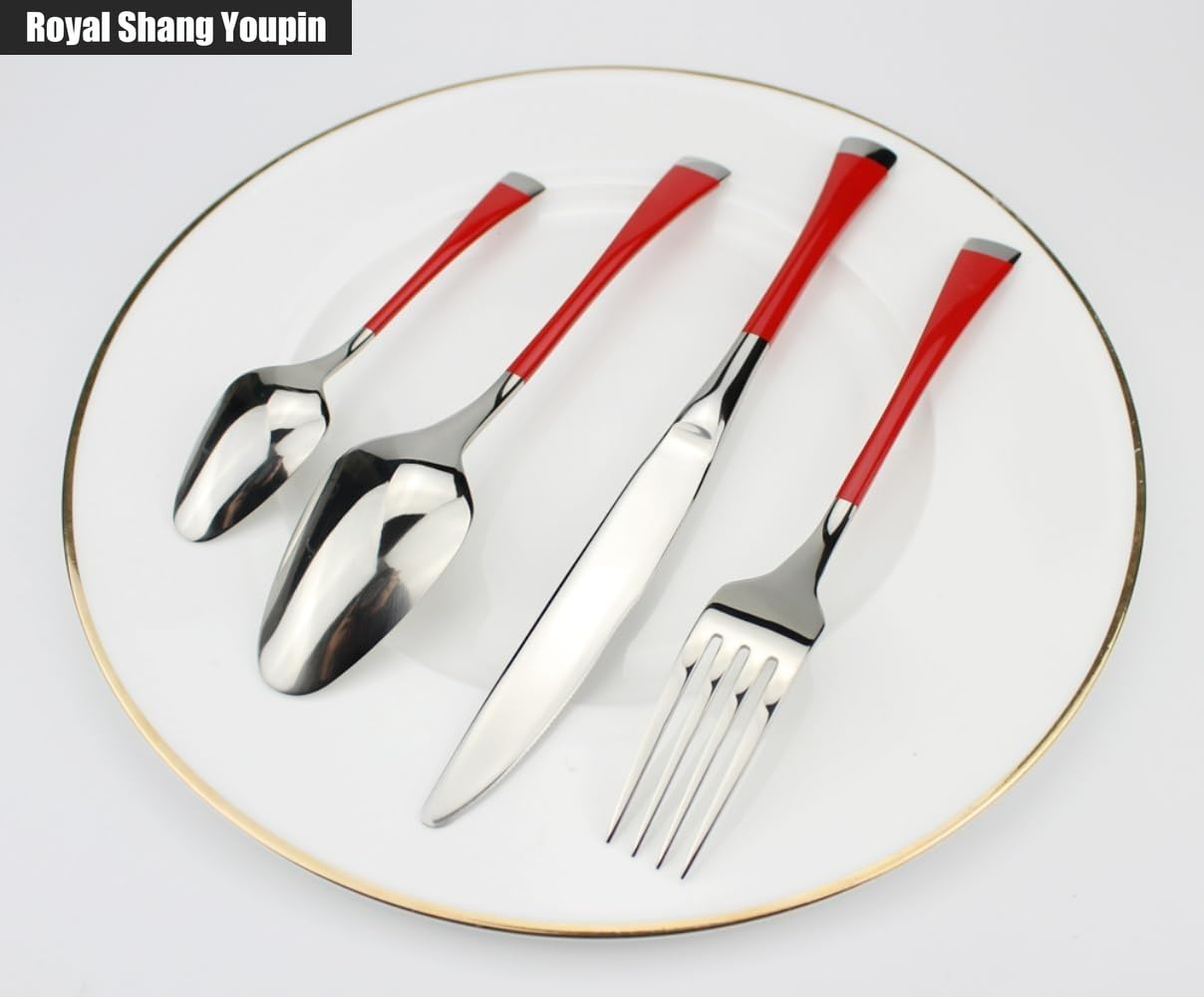 Manico Raffinato Cucina Acciaio Inossidabile Posate Stoviglie Posate Coltelli Forchette Cucchiai Set Coltello Da Bistecca Per La Casa Cucchiaio Da Dessert (Argento rosso,16 pezzi)