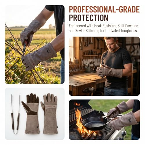 Guantes de soldadura de cuero para barbacoa y chimenea en casa 5