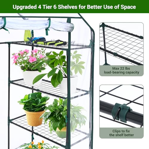 Image of Ohuhu Small Greenhouse for Outdoors: 4 Tiers 6 Shelves Walk-in Indoor Green House Heavy Duty Plant Stands Reinforced Plastic PVC Cover Mini Portable Warm House for Outside, 4.8x2.5x6.4 FT