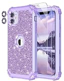 LONTECT for iPhone 11 Case Glitter Sparkly Bling 3 in 1 Shockproof Heavy Duty Full Body Sturdy Protective Case for Apple iPhone 11 with 2 Screen Protector+2 Camera Lens Protector,Shiny Purple