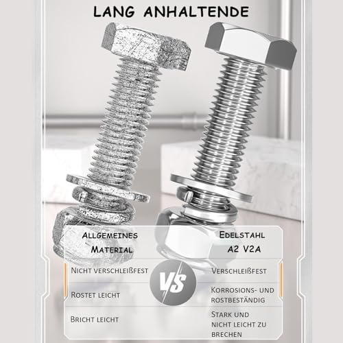 ORTAVA Sechskantschrauben M8 x 50 mm, 10 Stück M8 Schrauben Außensechskant Edelstahl A2 V2A mit Sicherungsmuttern M8, Unterlegscheiben und Federring, Maschinenschrauben, Stoppmuttern.