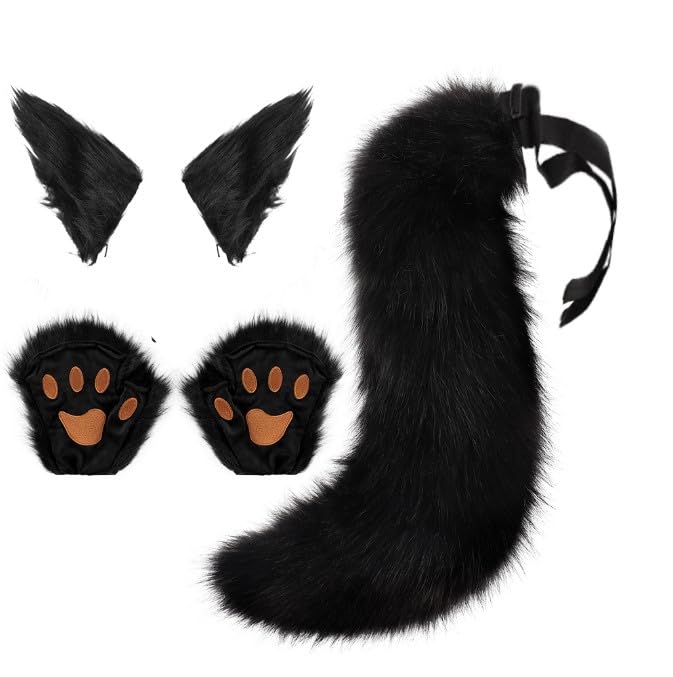 Faux Furry Fox Ears Headband Set - Halloween Costume With Tail, Paw Gloves, Hairband - Animal Fancy Dress Accessories for Wolf Bear