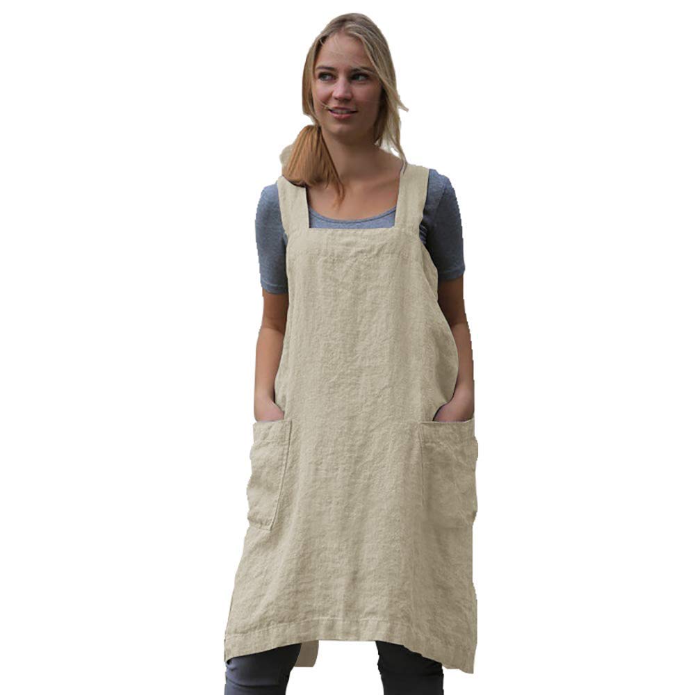 Larmliss Women's Pinafore Square Apron Baking Cooking Gardening Works Cross Back Cotton/Linen Blend Dress with 2 Pockets, Y-apricot, S
