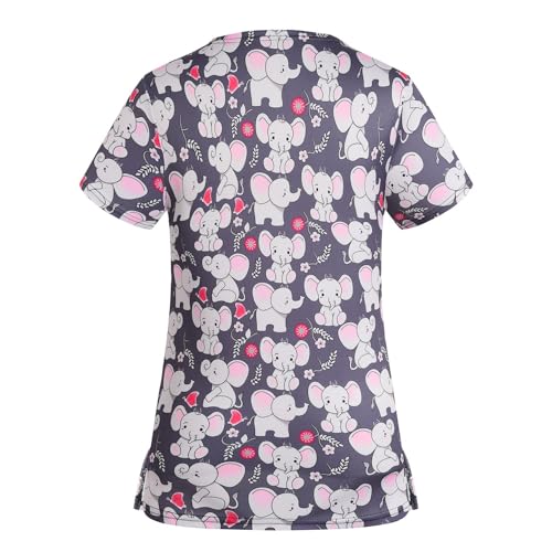 Cute Floral Animal Printed Stretchy V-neck Nursing Scrub Tops