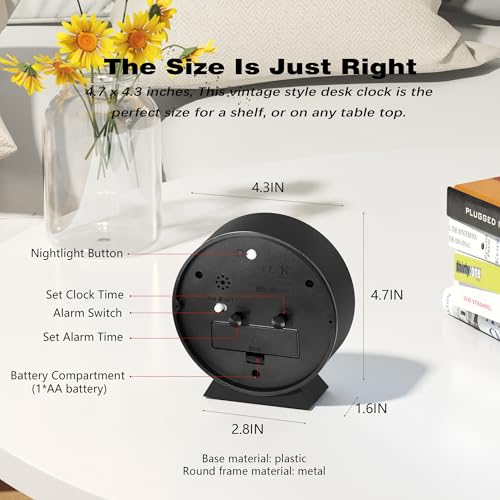 Image of AYRELY 4.5 inch Analog Alarm Clock,Small Retro Desk Clock Battery Operated,Silent Metal Table Clock with Light for Living Room Decor,Bedroom,Bedside,Shelf (Black)