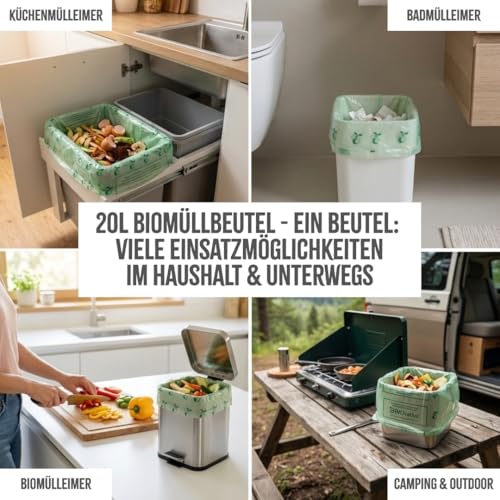 BIOvative PRODUCTS 20L Biomüllbeutel mit Henkel | 56 Müllbeutel, kompostierbar, Made in Germany | Reißfeste Bio-Abfallbeutel, klimaneutralisiert & vegan