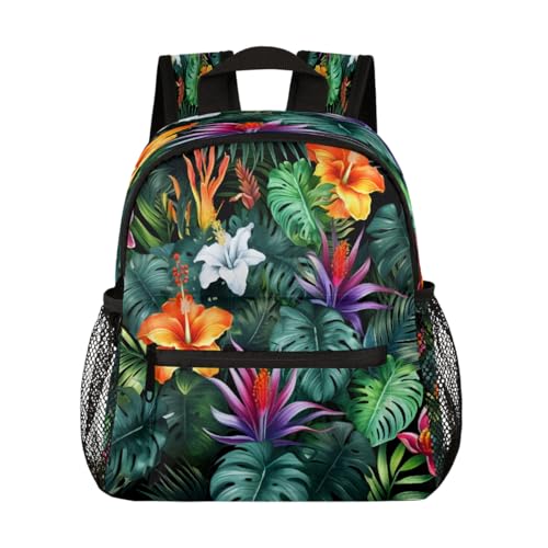 Colorful Palm Leaves Flowers Kids Backpack for Boys Girls, Waterproof Lightweight Toddler School Bag with Chest Strap, Small Travel Book Bag Preschool Kindergarten Backpack