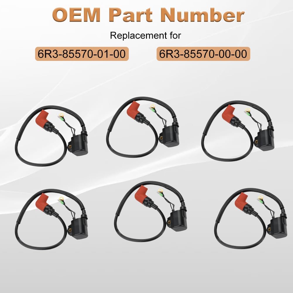 JDMON Set of 6 Ignition Coil Pack Compatible with Yamaha 100HP 115HP 130HP 140HP 150HP 175HP 200HP 225HP Outboard 2 stroke Replacement for 6R3-85570-01-00 6R3-85570-00-00