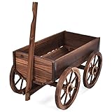 DREAMADE Brouette à Fleurs en Sapin, Wagon de Jardinière en Bois Carbonisé avec Poignée Réglable et 4 Roues, Chariot à Fleurs avec Trou de Drainage, pour Jardin,Terrasse,Balcon