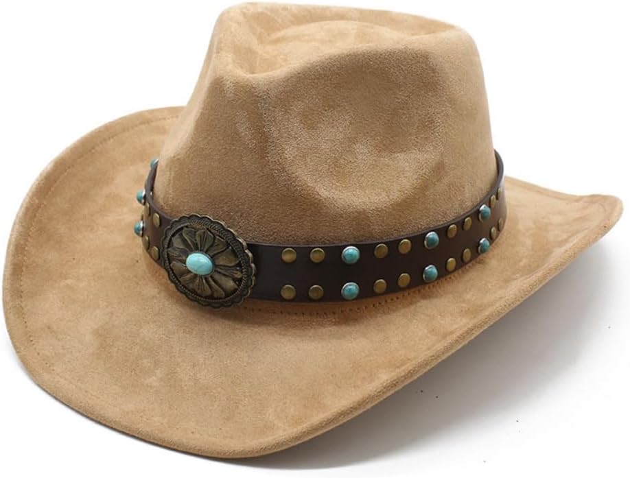 Western Cowboy Hat with Turquoise Studded Leather Band, Taupe, Faux Suede, Wide Brim, Longhorn Concho Accent, Classic Style